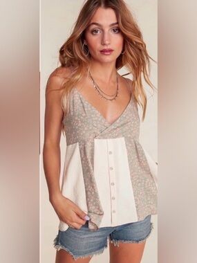 New Sage Cream Ditzy Floral Button Accent Women's Cute Summer Blouse Top
